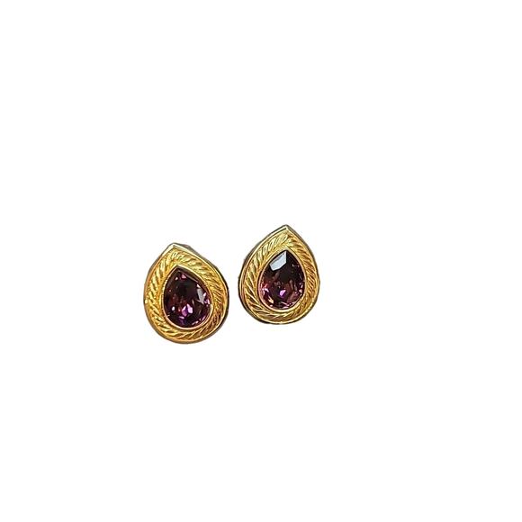 Vintage Swarovski Pear-Shaped Amethyst Gold Tone Pierced Earrings - Picture 6 of 6